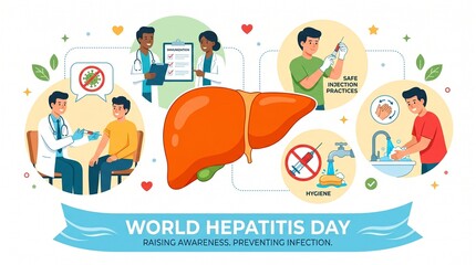 Obraz premium World Hepatitis Day medical infographic, human liver anatomy illustration, healthcare awareness banner for preventing infection and safe hygiene