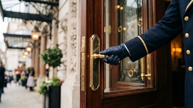 Hotel doorman assists guests at entrance on busy city street in evening light