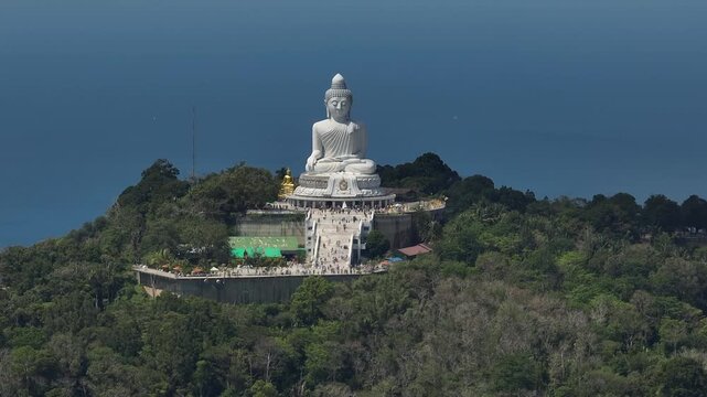 sunny day phuket island famous mountain top big buddha monument aerial panorama 4k thailand