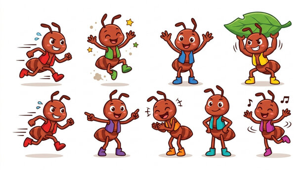 Cartoon Ant Mascot Characters in Dynamic Action Poses Cute Bug Vector Set