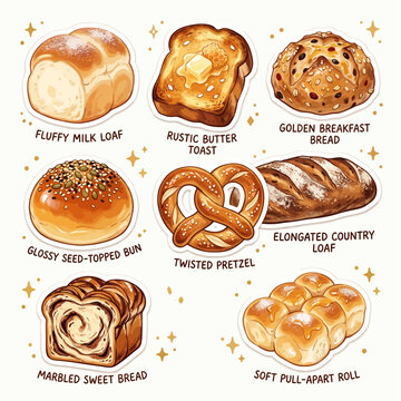 Cozy Artisan Bakery and Fresh Bread Illustration Set Featuring Butter Toast Pretzel and Sweet Loaf for Cafe Branding and Sticker Designs