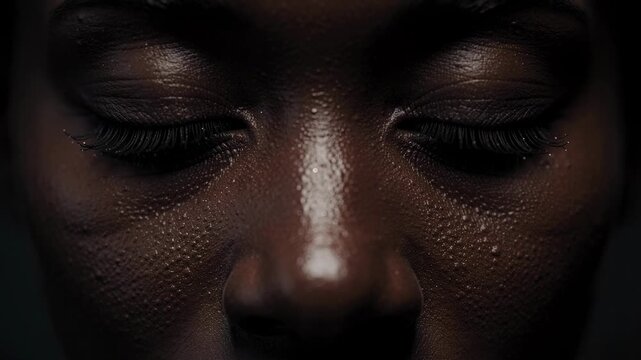 Close up of a dark-skinned person with closed eyes and natural skin texture with moisture droplets
