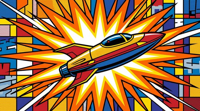 Retro comic book style rocket ship blasting off with an explosive starburst background and vibrant geometric patterns