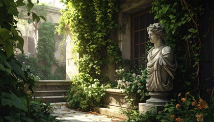 Obraz premium Enchanting Garden Sanctuary - A Classical Statue Amidst Lush Greenery.