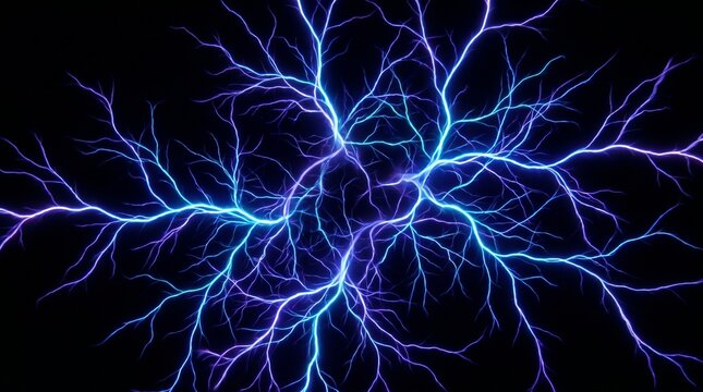 Branching electric blue lightning discharges forming an intricate neural network pattern on a pitch black background