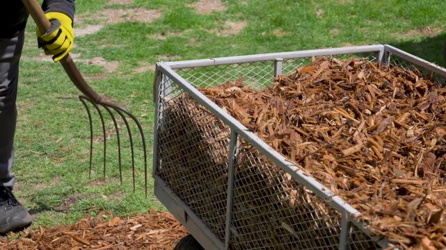 A cart of Mulch next to a man working a garden bed.
