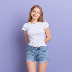 Obraz premium Confident western woman in a white tshirt and shorts expressing positive emotion and youthful confidence in a clean modern fashion style.