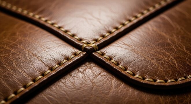 Closeup of brown leather with visible stitching and texture details