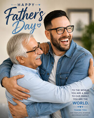 Obraz premium Happy Father's Day Poster with Cheerful Adult Son Hugging His Senior Elderly Father. Multi-Generational Men Smiling and Embracing Indoors with Loving Quote Text.