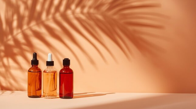 Three amber glass bottles with droppers, essential oils, and shadows.