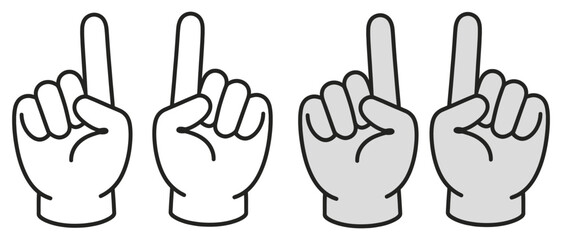 Fototapeta premium Four hands with index finger raised, two shades, black outlines on white pointing gesture sign language