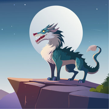Mystic dragon wolf hybrid character standing on a cliff edge under a glowing full moon night sky vector illustration. Powerful and cool fantasy cartoon creature