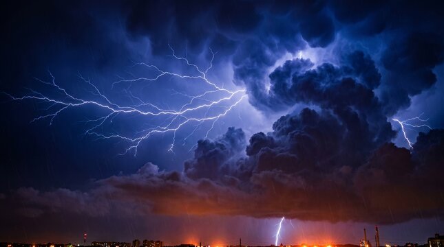 Multiple simultaneous lightning strikes flashing across a dramatic stormy sky with heavy rain clouds over city