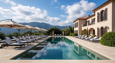 Fototapeta premium Luxury resort swimming pool with lounge chairs umbrellas and scenic mountain view perfect for vacation relaxation and outdoor leisure activities in sunny weather