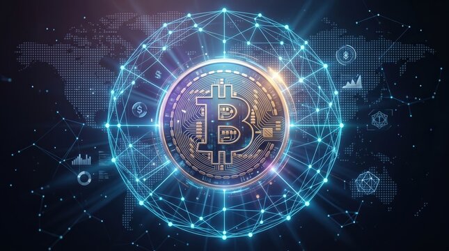Bitcoin cryptocurrency coin with glowing digital network sphere, global blockchain technology concept