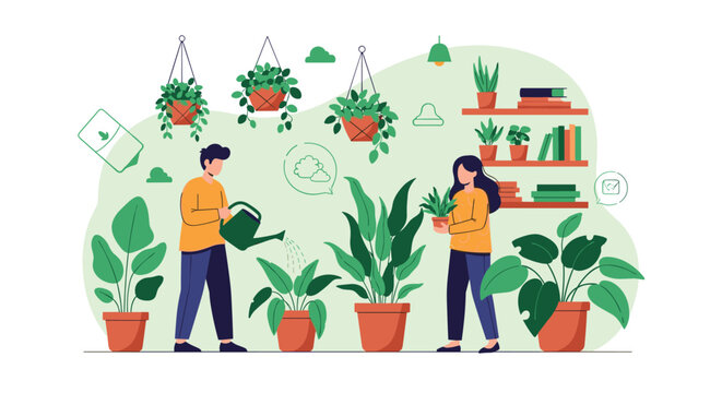 Young couple enjoying their indoor gardening hobby by watering and caring for various potted plants in a bright greenhouse.
