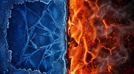 Cracked blue ice border colliding with glowing hot fire and lava textures full frame abstract © Dilsara