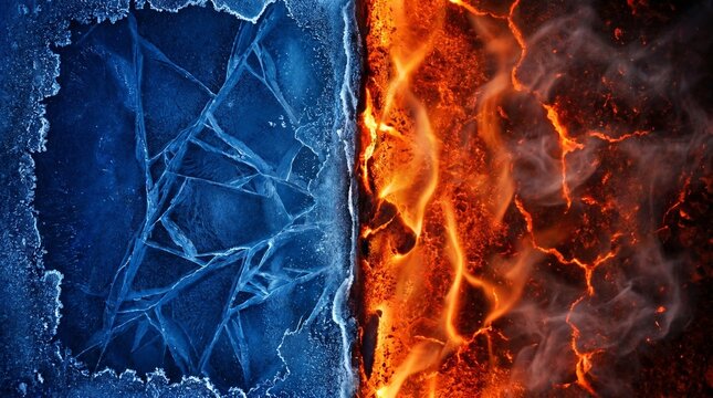 Cracked blue ice border colliding with glowing hot fire and lava textures full frame abstract