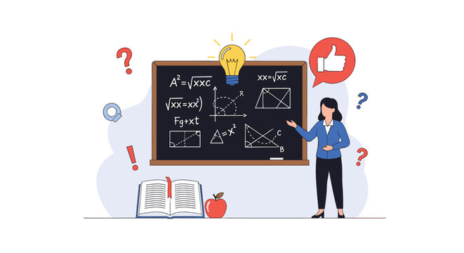 Female teacher explaining complex mathematical formulas and geometry on a blackboard for students in a classroom setting.