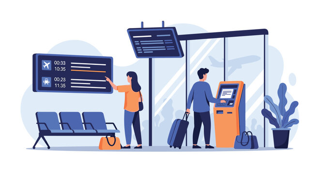 Passengers using self-service kiosks and checking flight information boards in a modern and busy airport terminal.