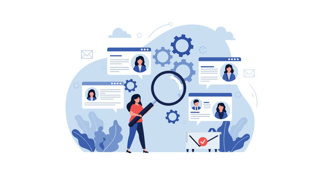 Recruiter using a large magnifying glass to review multiple candidate resumes and select the best applicant for a job.