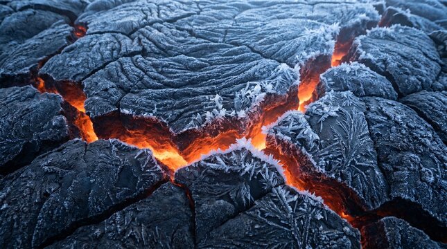 Surface texture close-up of frozen volcanic lava rock with frost crystals and glowing magma in cracks