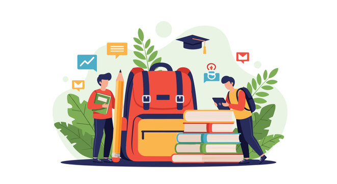 Two young male students stand with a large school backpack and a stack of books while discussing their academic projects and ideas.