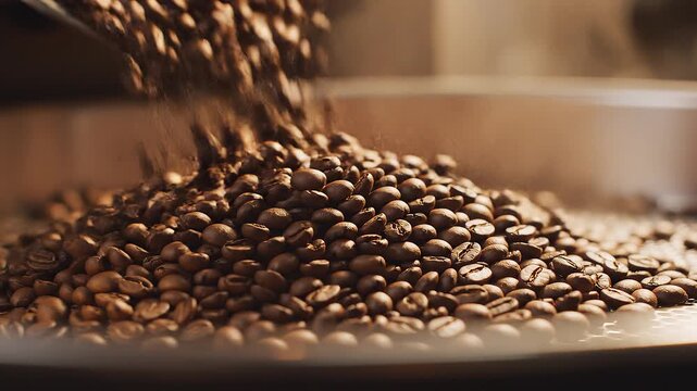 A continuous stream of freshly roasted coffee beans falling from a professional drum roaster into a rotating cooling tray, aromatic steam drifting through the air