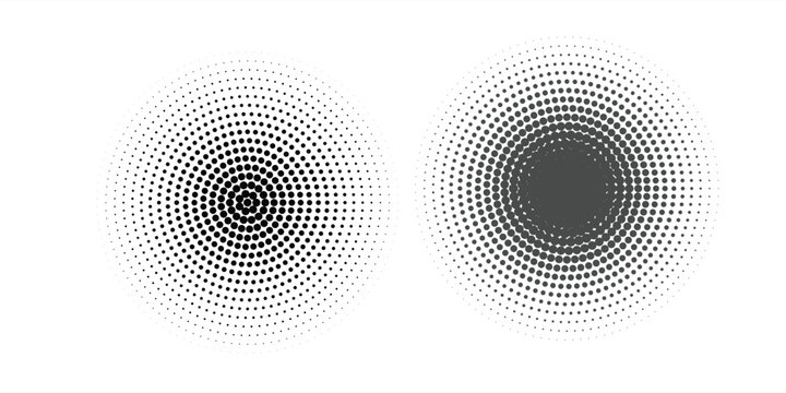 Set of halftone dots curved gradient pattern texture isolated on white background. Curve dotted spots using halftone circle dot raster texture collection. Vector blot half tone collection.