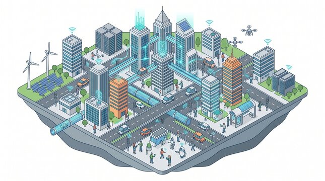 Futuristic smart city isometric illustration with connected buildings autonomous vehicles renewable energy and drones