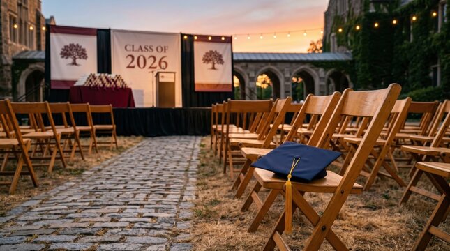 Outdoor graduation ceremony setup for class of 2026 at university campus courtyard, featuring empty wooden chairs, mortarboard cap on seat