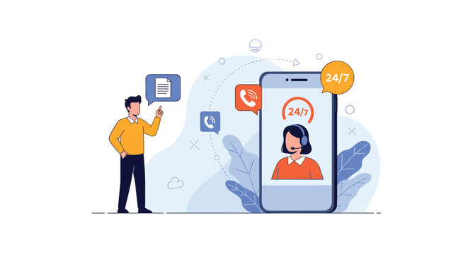 Young man talks to a female customer support representative on a large smartphone screen with service icons and 24-7 availability.