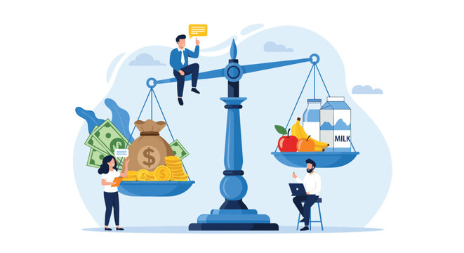 People balance a large bag of money and gold coins against healthy food like milk and fruits on a giant set of blue justice scales.