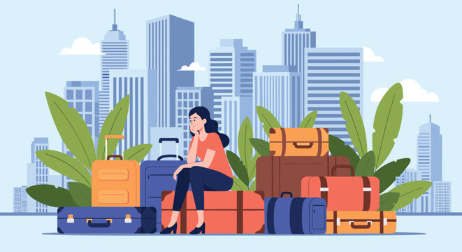 Lonely woman sitting on top of her luggage while looking at a modern city skyline during a difficult relocation or move.