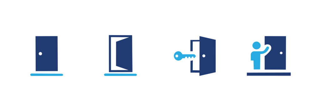 Door icon set, Contains door, open door, key and knock symbols. Solid icon illustration pack.