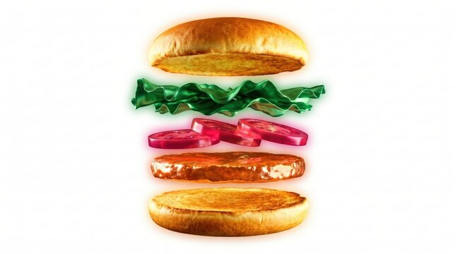Futuristic Gravity Defying Exploded Burger Illustration with Neon Glow. Isolated on white background.