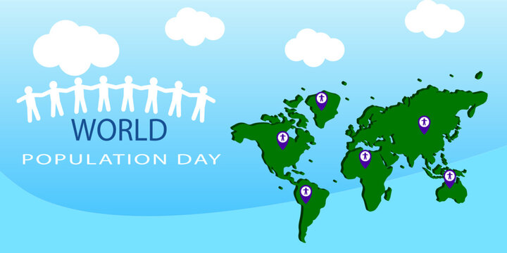 Global population day banner design with green world map vector background