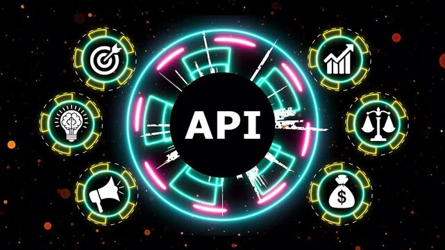 Api technology interface with neon glowing circles and business icons motion.