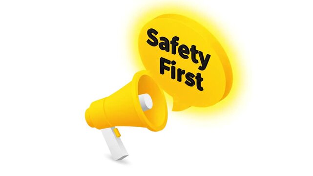 Yellow megaphone with Safety First speech bubble 3D isometric animation for security awareness and occupational health guidelines isolated on white