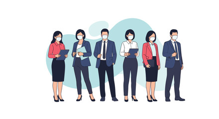 Obraz premium Group of professional diverse people wearing white protective face masks while standing together for a group photo.