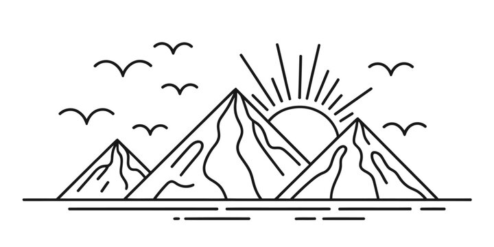 Minimalist black line art illustration of mountain range landscape with rising sun and flying birds in a simple modern style for creative design projects Vector, illustration