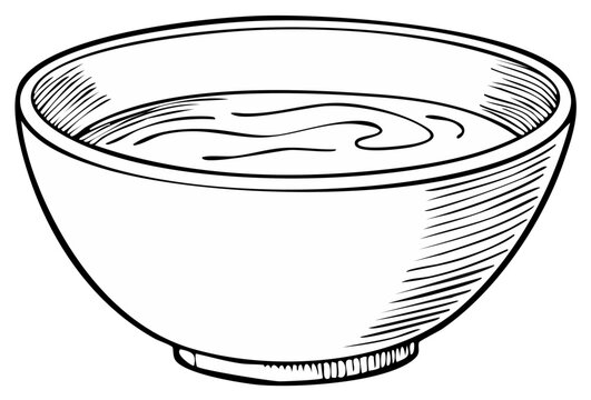 Hand Drawn Bowl of Soup Sketch, Simple Line Art Illustration of Food in a Ceramic Bowl