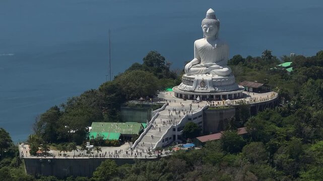 sunny day phuket island famous mountain top big buddha monument park coastline aerial panorama 4k thailand