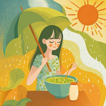 On a whimsical summer day where soft rain falls while the warm orange sun shines bright, a long-haired girl with
closed eyes and soft blush holds a green umbrella in one hand, scoops cool mung bea