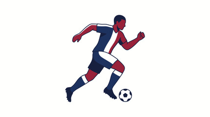 Obraz premium Vector illustration of a professional soccer player dribbling a football in a red, white, and blue uniform, isolated on a white background.