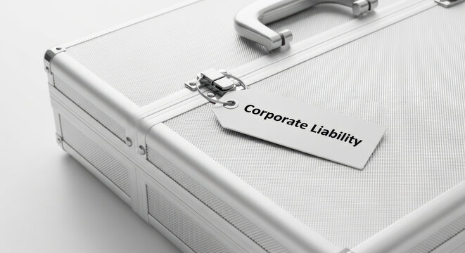 Corporate liability concept with metal briefcase and tag showing corporate debt levels in business finance and risk management