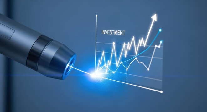 Healthcare innovation spending growth concept, blue laser pen highlights rising investment chart hope