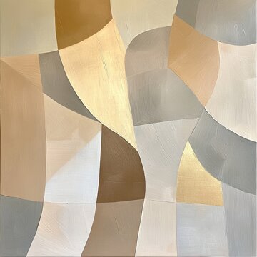 This abstract geometric art piece showcases soft curve shapes and neat patchwork structures, uses gentle
low-saturation morandi warm tone palette with harmonious beige, soft brown, calm grey hues,