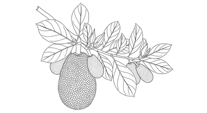 Jackfruit tree branch with leaves and fruit line drawing.