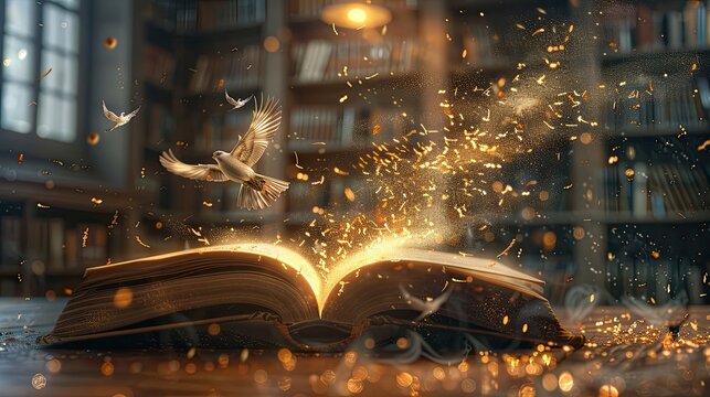 In a vintage classical library with towering dark bookshelves, lattice windows letting in cool natural light and warm
overhead lamps, a heavy old open book on the table emits soft warm golden light